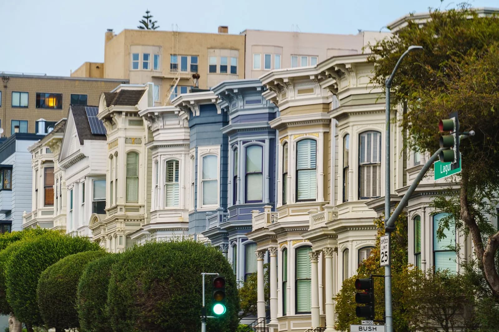 Charming view of iconic Victorian houses in San Francisco, known as the Painted Ladies.