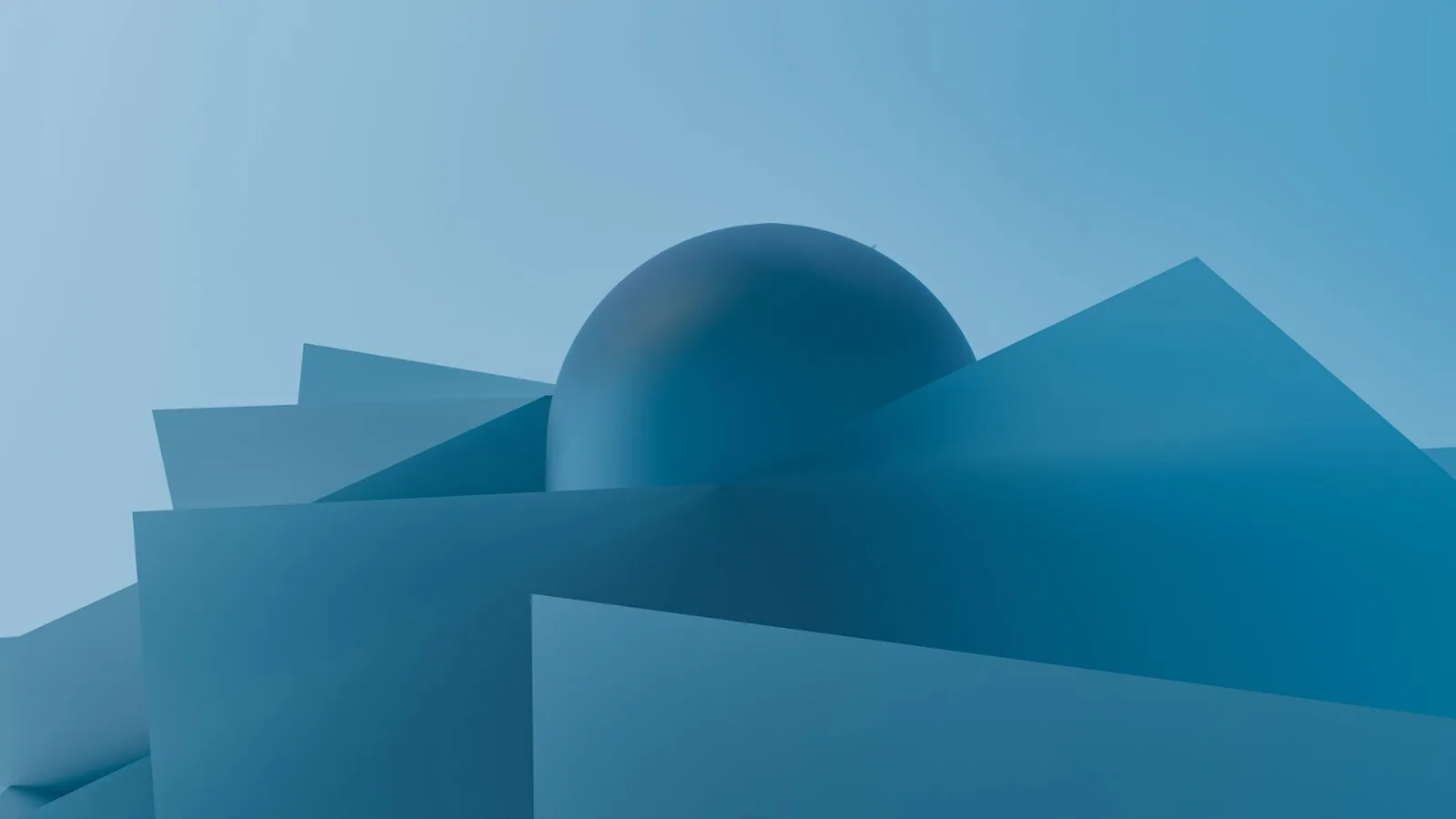 A 3D render of a minimalistic house with a surreal pink sphere against a soft sky.
