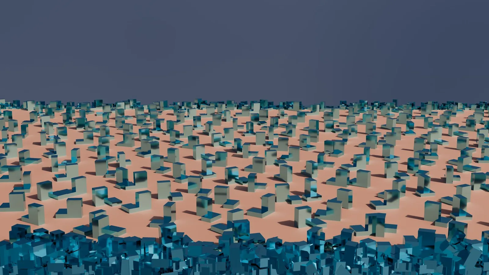 A modern abstract 3D render with blue geometric shapes and a sphere.